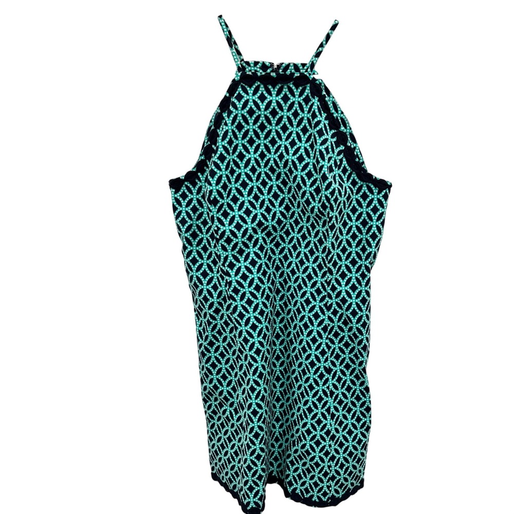 Crown & Ivy Womens Teal Navy Geometric‎ Halter Scallop Trim Shift Dress Size 14